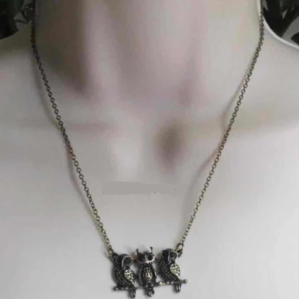 SOLD Three Owl Birds on a wire Necklace with Crystals